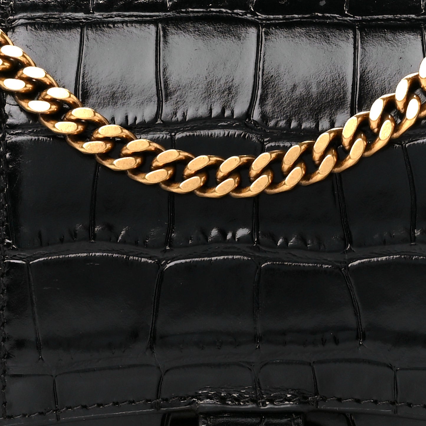 Shiny Calfskin Crocodile Embossed Hourglass Chain Bag Black