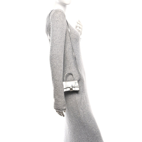Metallic Calfskin Crocodile Embossed Hourglass Top Handle Bag Mini Silver