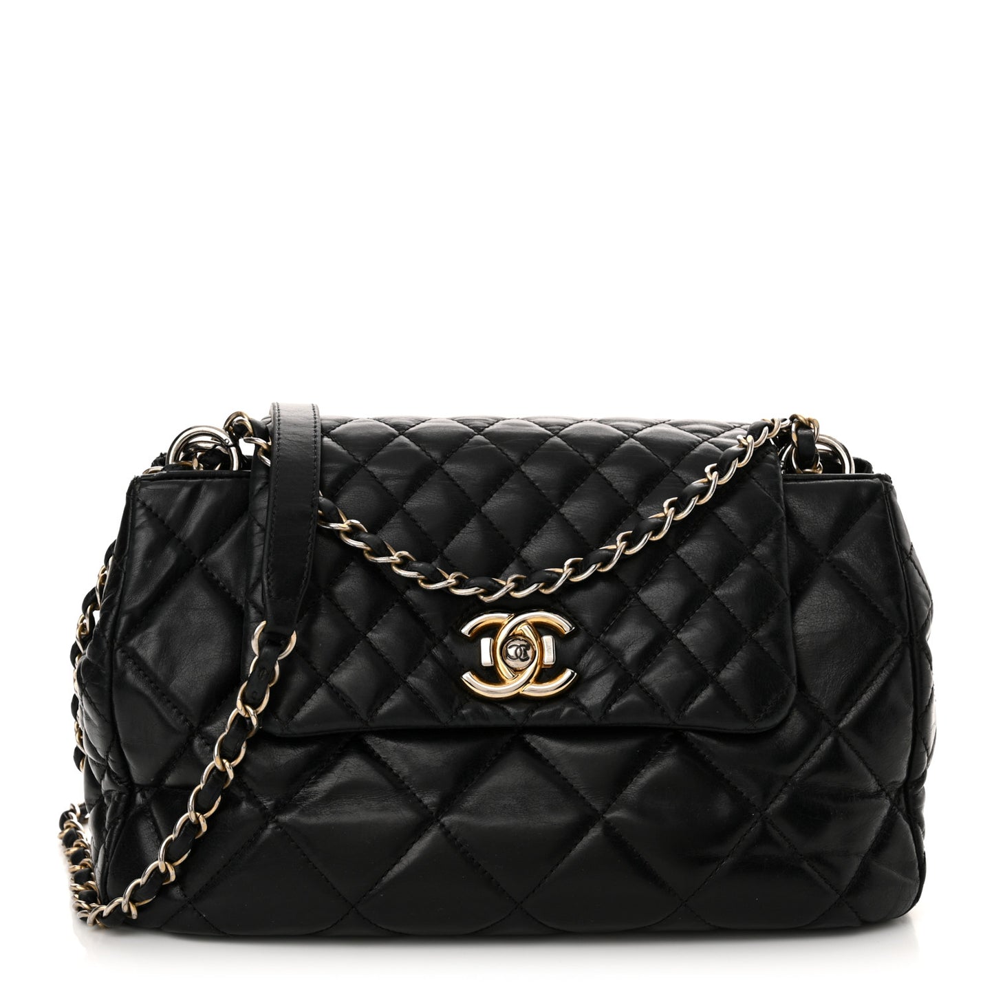 Glazed Calfskin Quilted Medium Daily Walk Flap Black