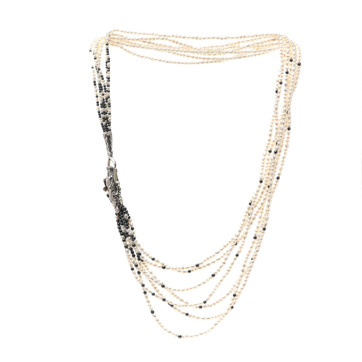 Sterling Silver Mother of Pearl Hematite Blue Sapphire Legends Naga Multi Strand Necklace