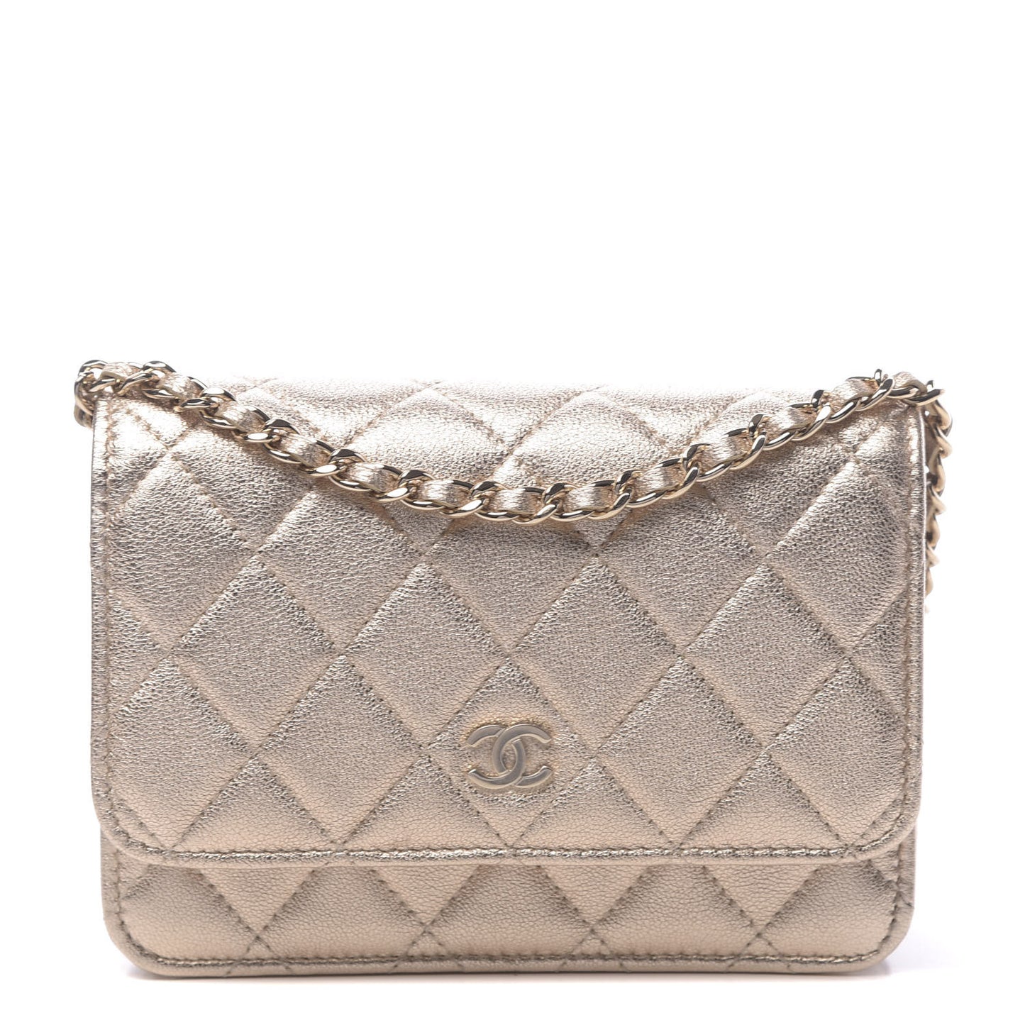Metallic Lambskin Quilted Mini Wallet On Chain WOC Gold