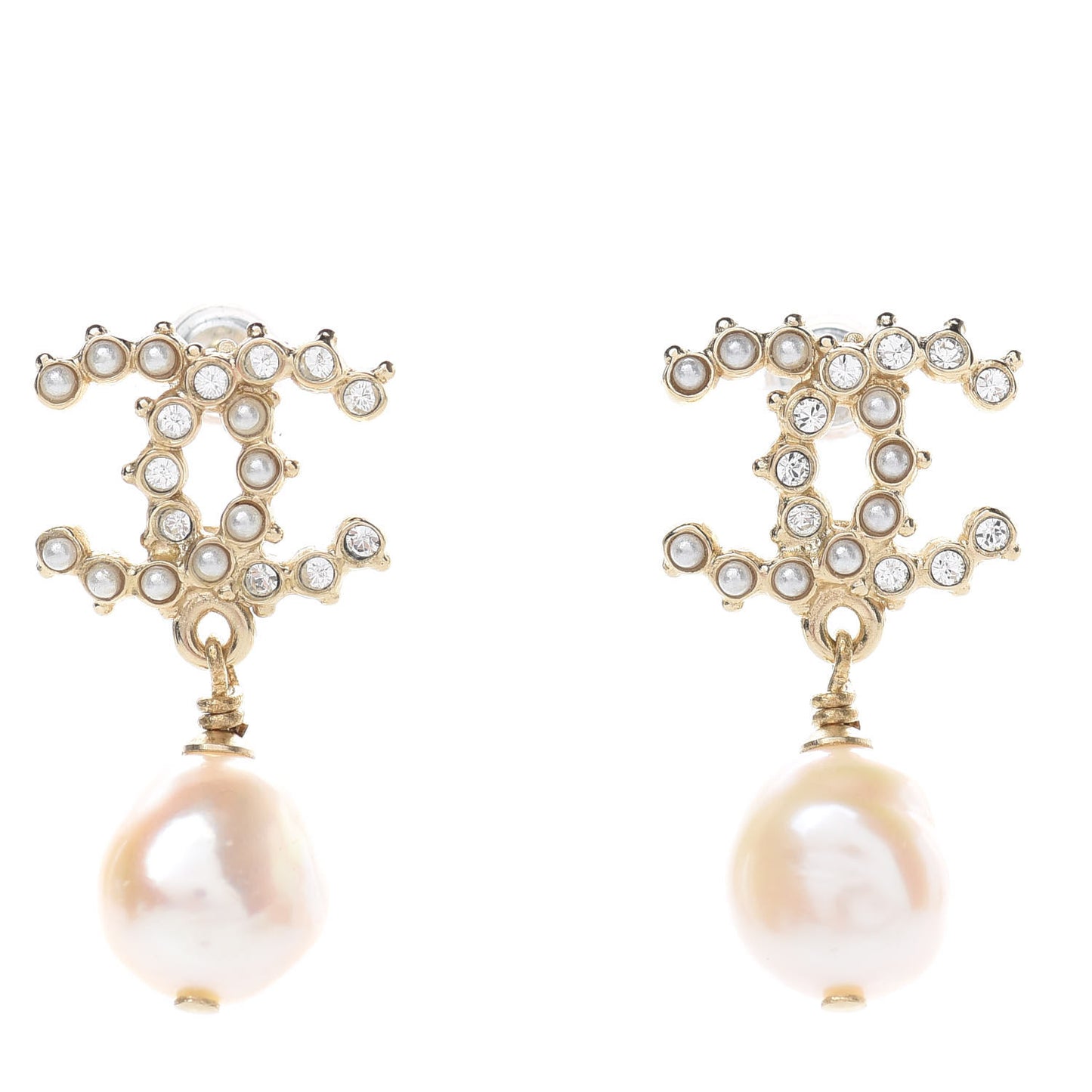 Pearl Crystal CC Drop Earrings Gold