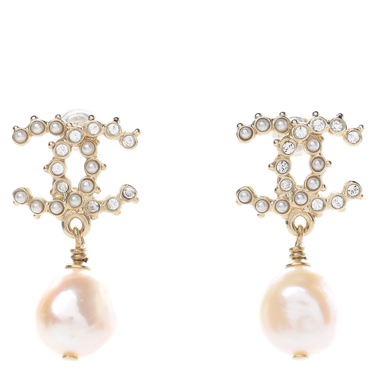 Chanel Pearl Crystal CC Drop Earrings Gold 1 of 5