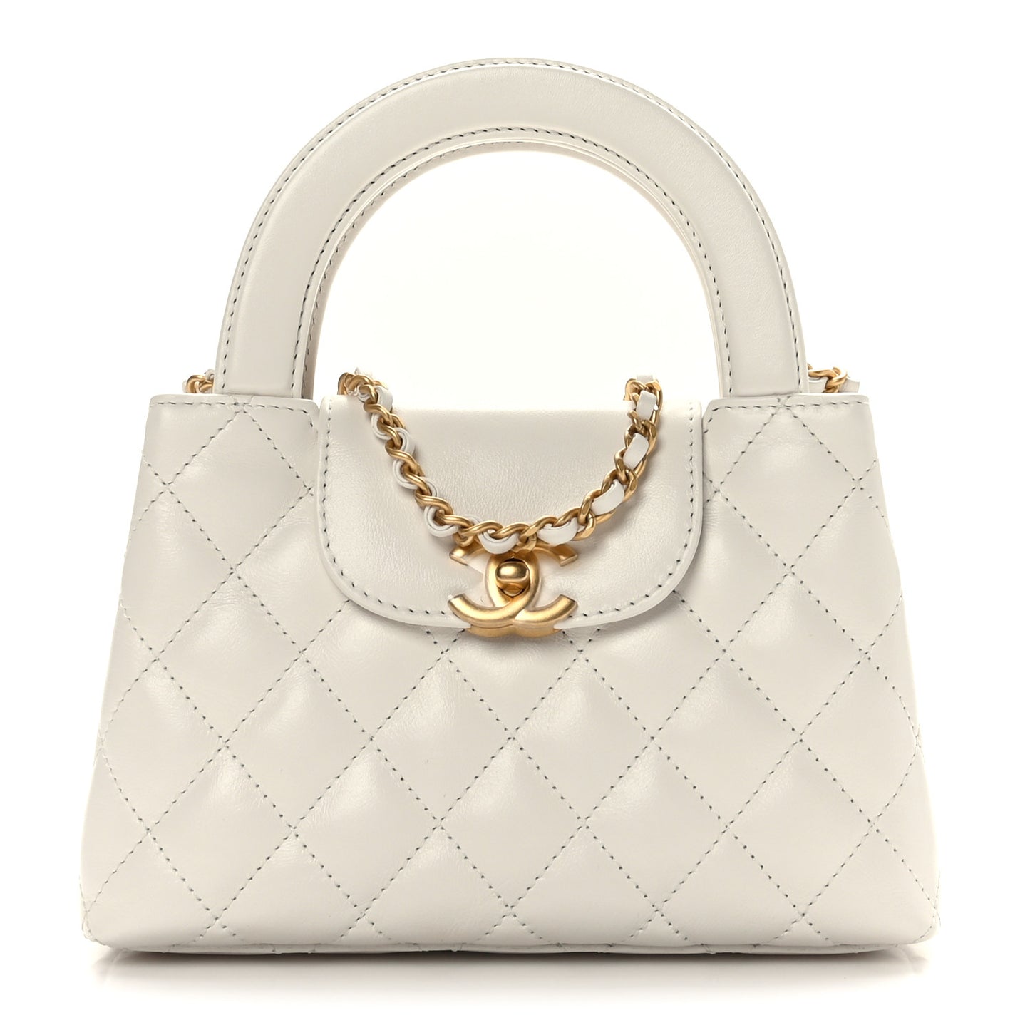 Shiny Aged Calfskin Quilted Nano Kelly Shopper White