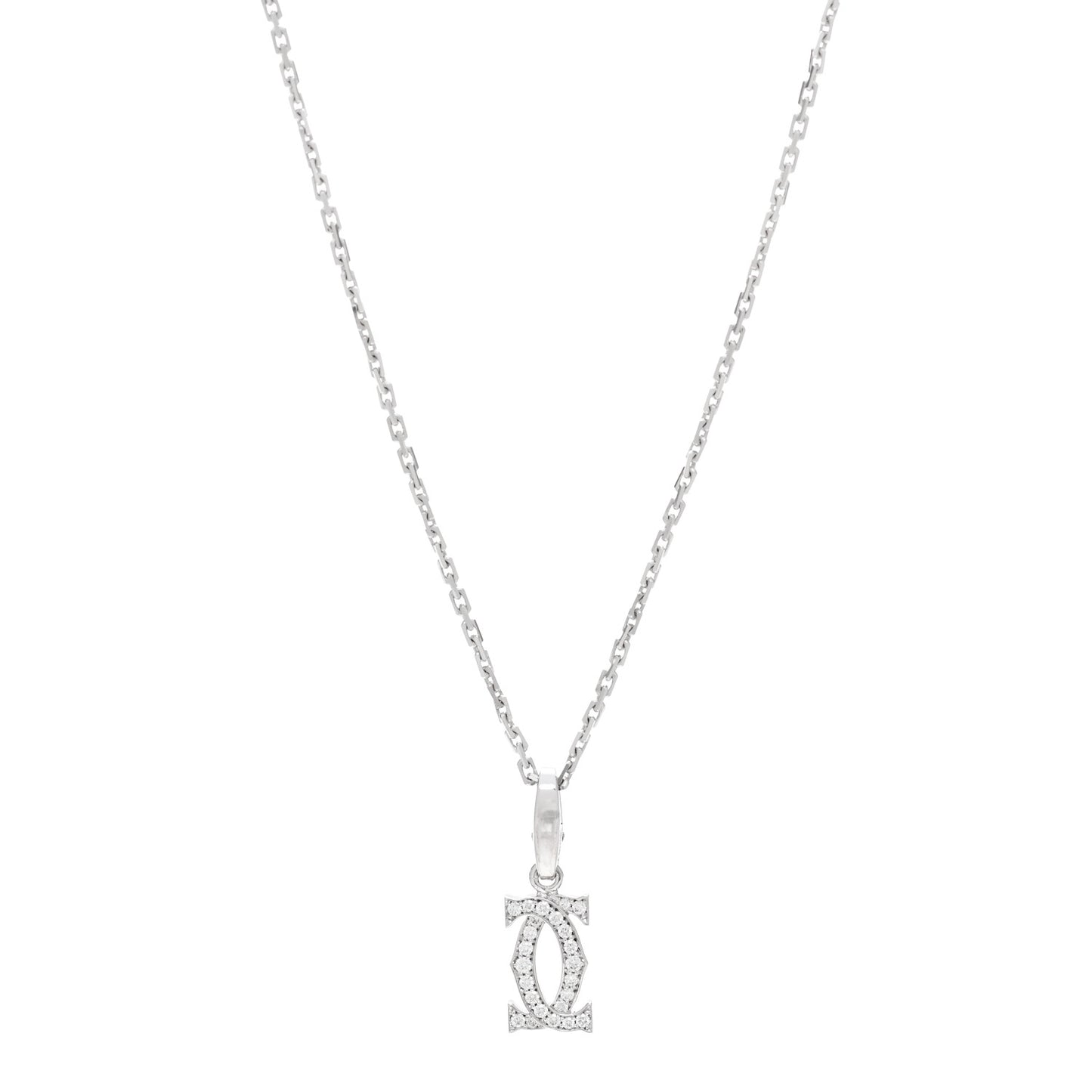 18K White Gold Diamond Double C Cartier Pendant Necklace