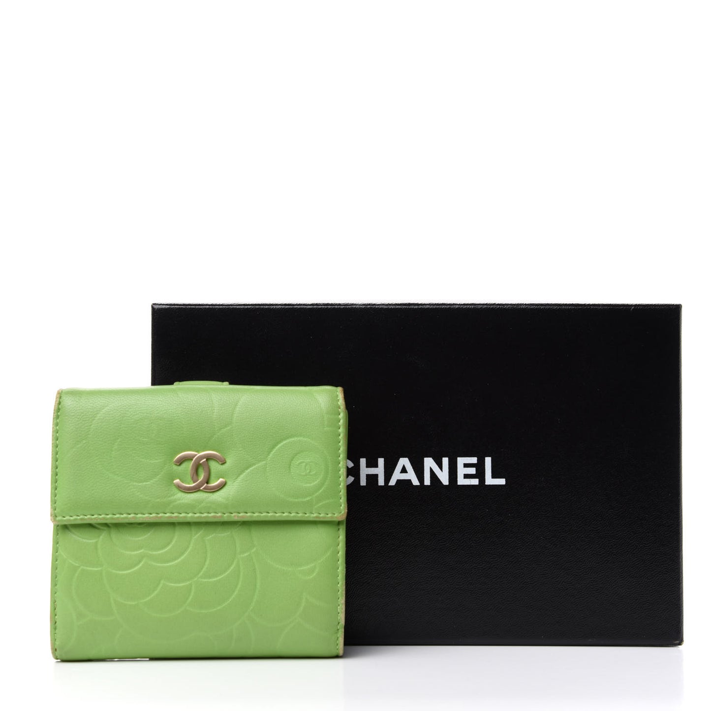 Lambskin Embossed Camellia French Wallet Light Green