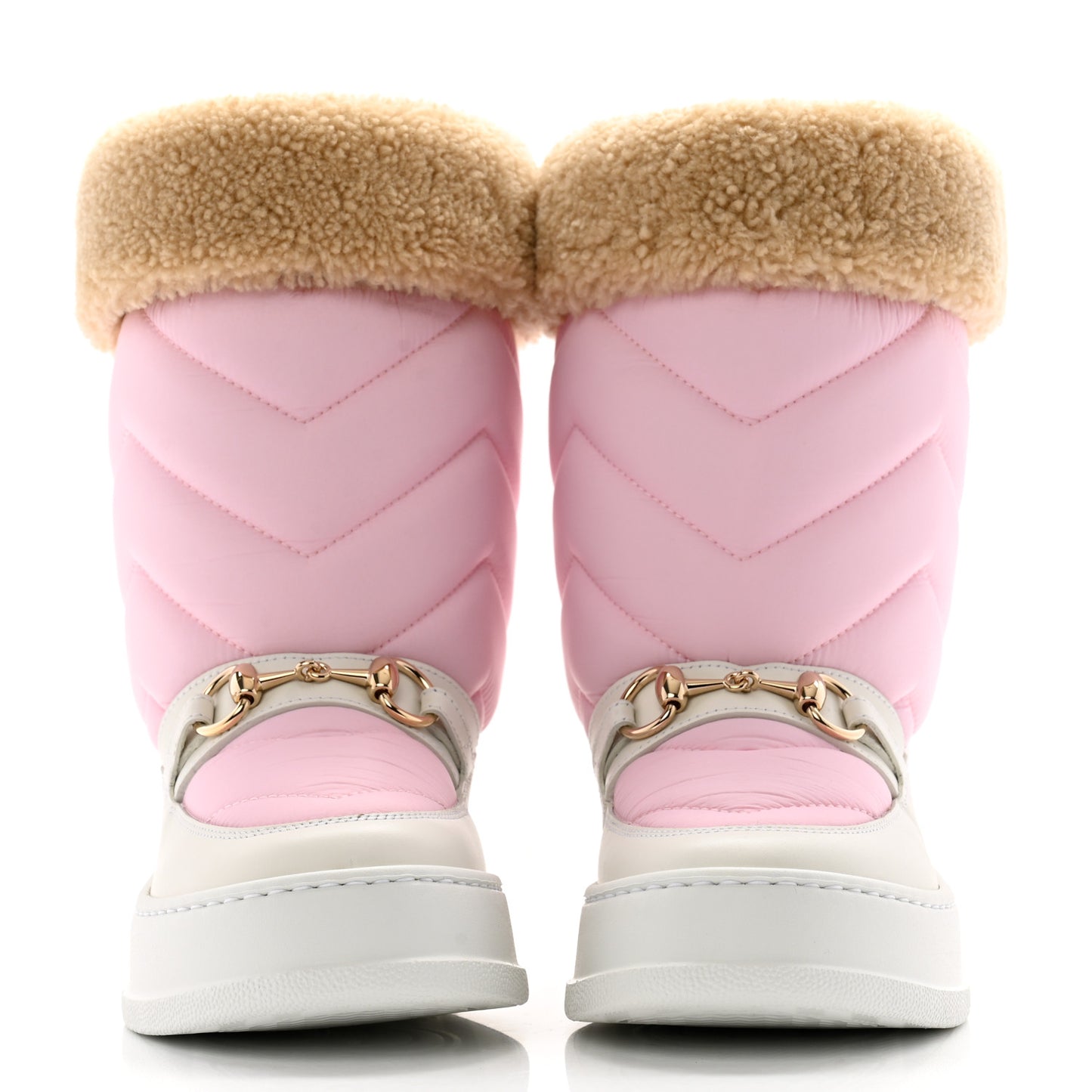 Calfskin Matelasse Shearling Horsebit Snow Boots 34 Pink White