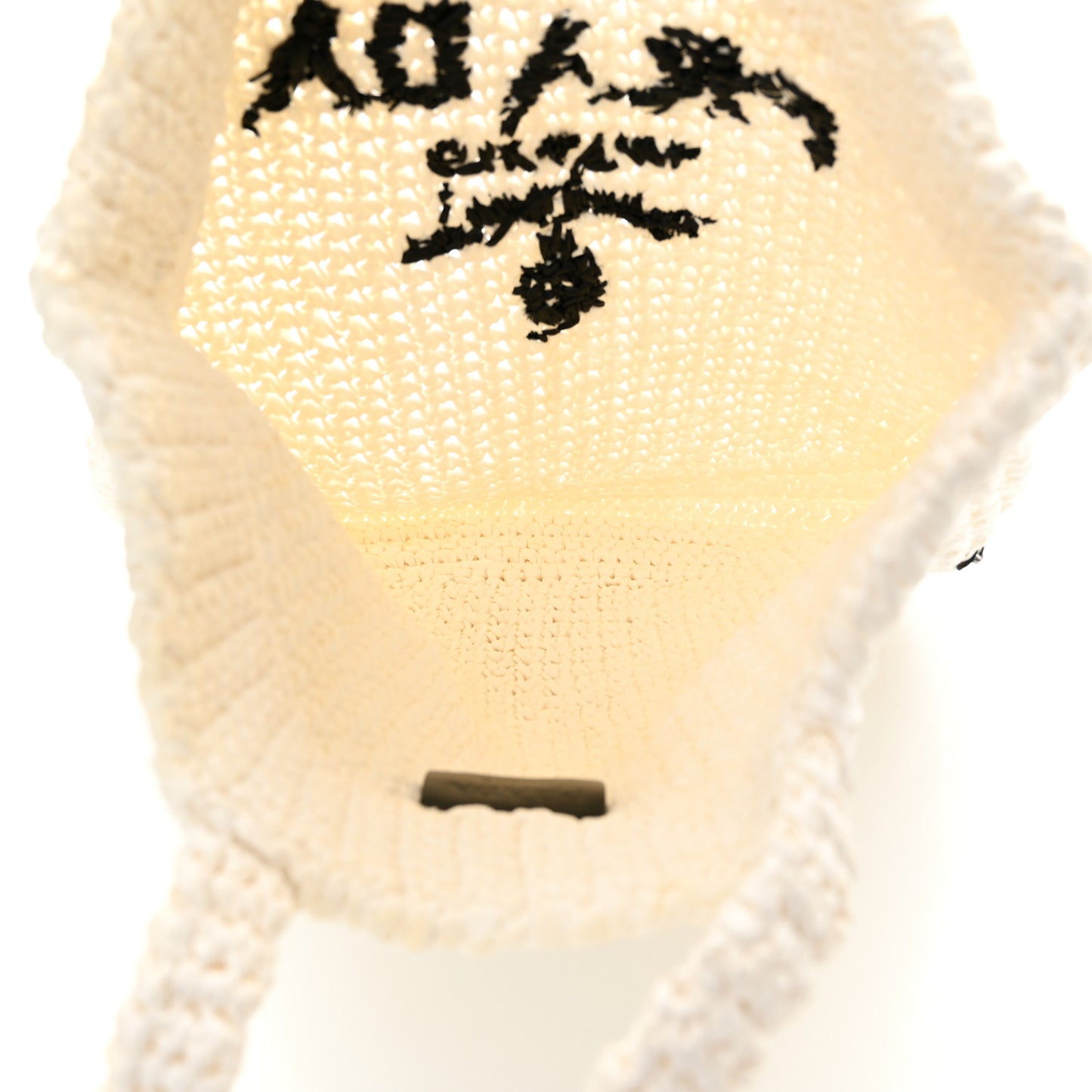 Yarn Raffia Effect Crochet Embroidered Small Logo Tote White