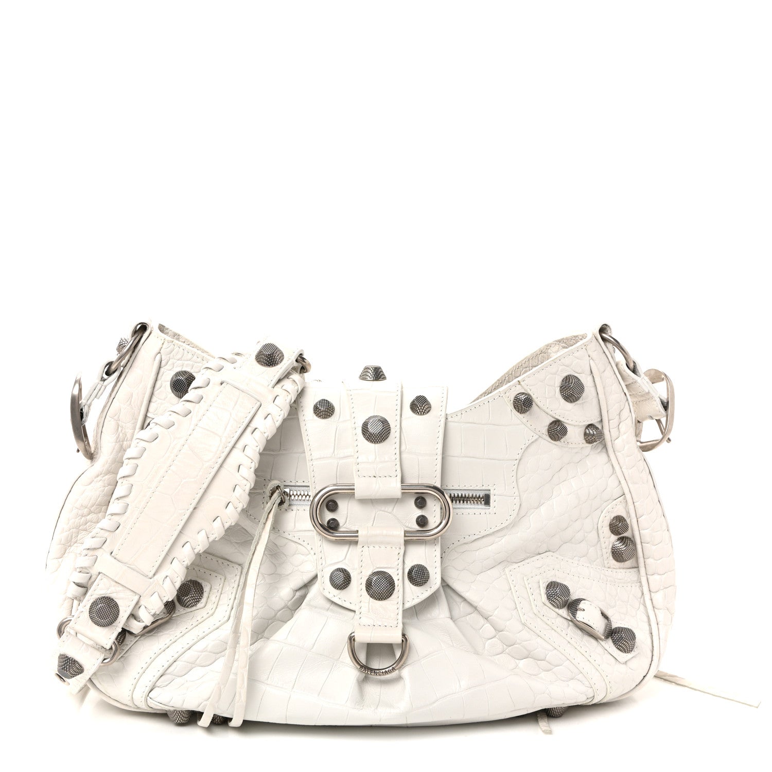 ホワイトクロコ柄BALENCIAGA Balenciaga White Crocodile Ville Top Handle Bag with Black Letters