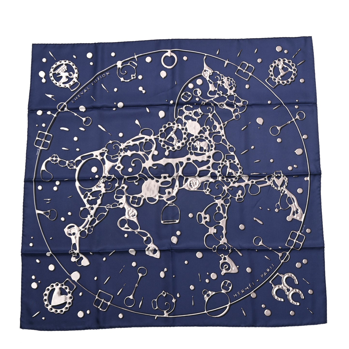 Silk Cheval Fusion Scarf 90 Marine Gris Argent