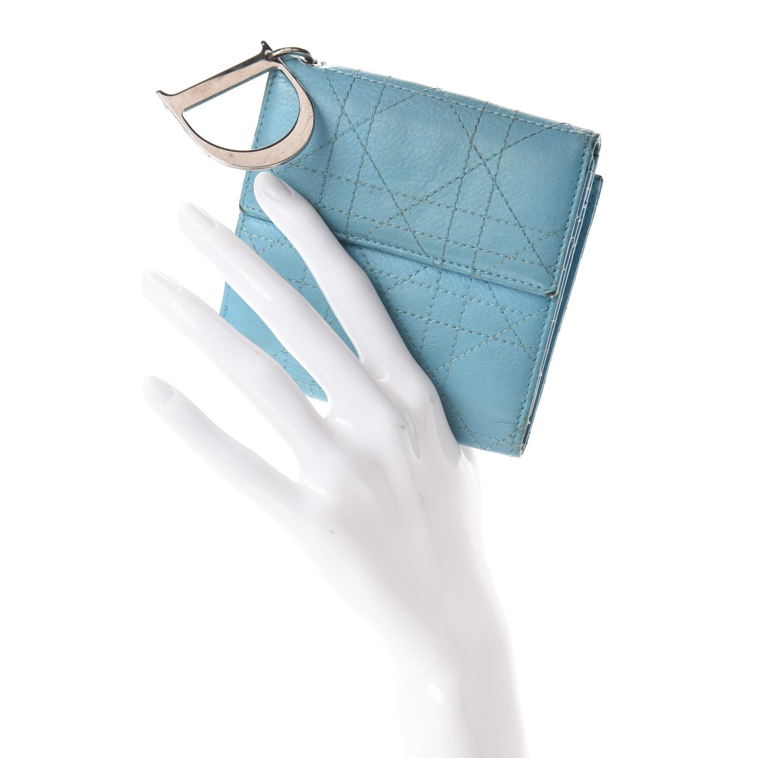 Christian Dior Grained Calfskin Cannage Lady Dior French Wallet Light Blue 2 of 13