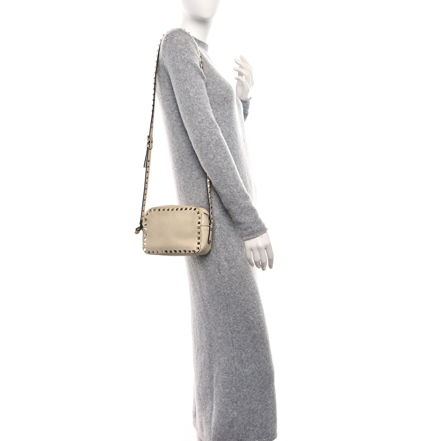 Grained Calfskin Rockstud Camera Crossbody Bag Ivory