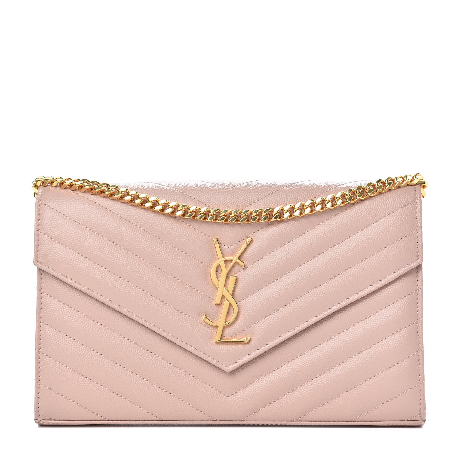 Saint Laurent Grain De Poudre Matelasse Chevron Monogram Chain Wallet Pale Pink 1 of 10