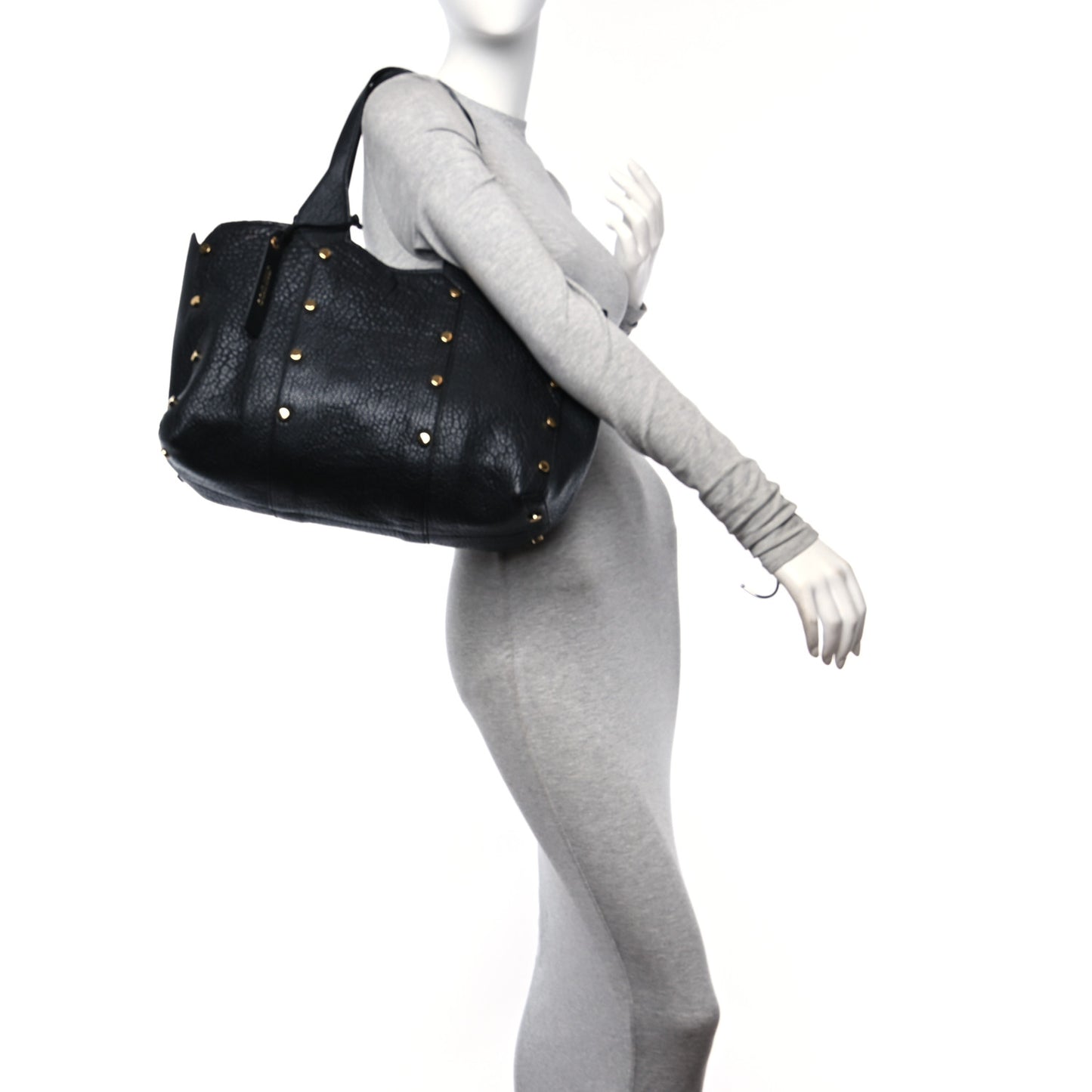 Grained Calfskin Studded Lockett Shopper Tote Black