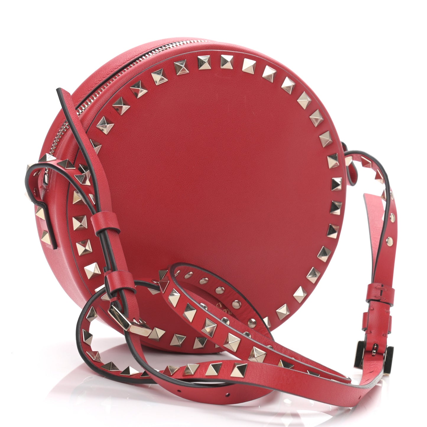Calfskin Rockstud Round Crossbody Bag Rouge Pur