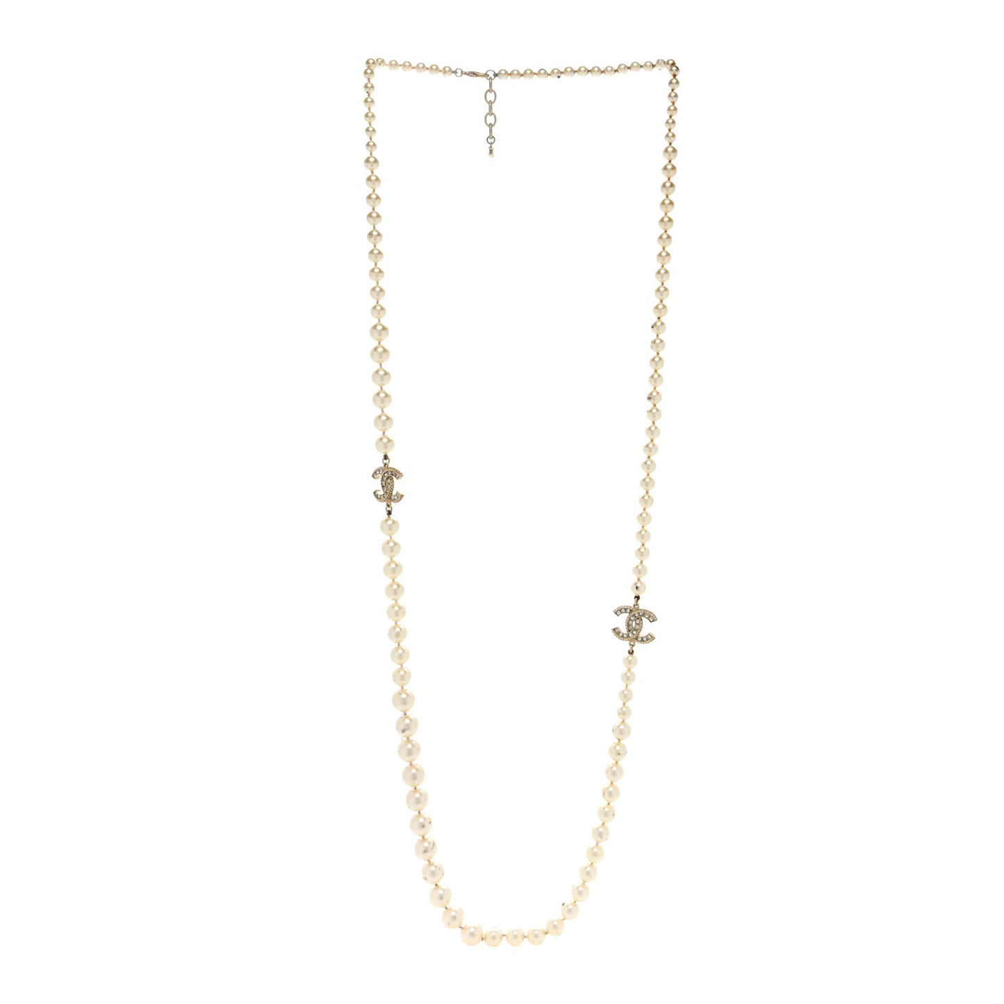 Pearl Baguette Crystal Long CC Necklace Gold