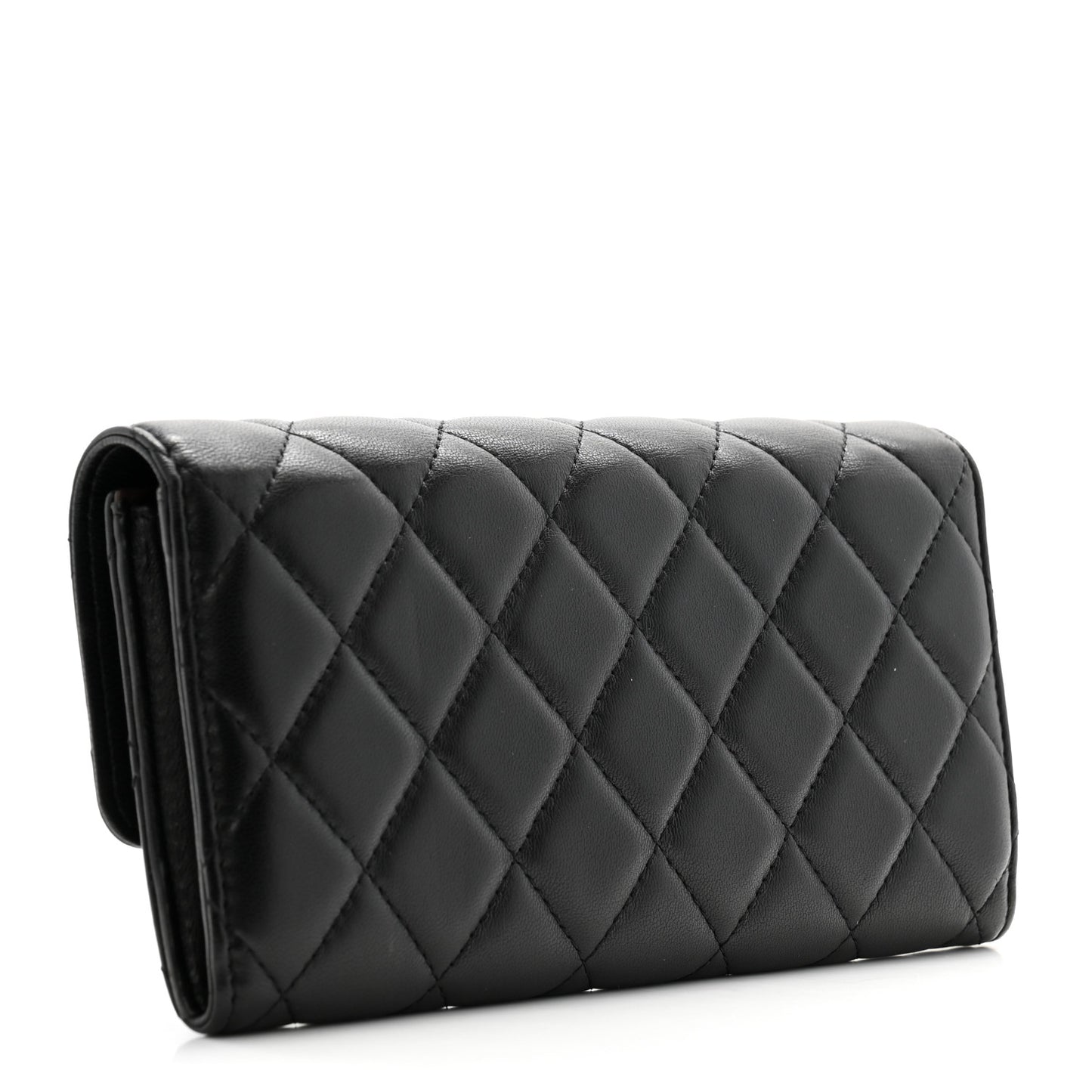 Lambskin Quilted Large Gusset Flap Wallet Black