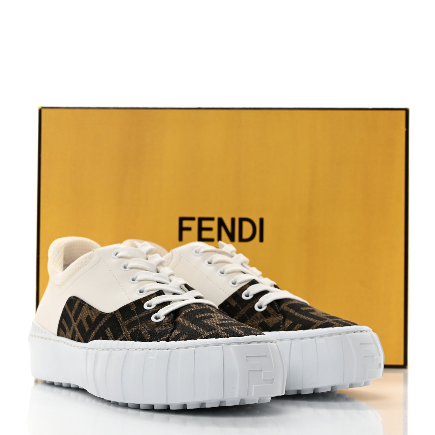 Fabric Jacquard Vitello Technical Fabric FF Womens Fendi Force Low Top Sneakers 39.5 Tobacco Black Ultrawhite White