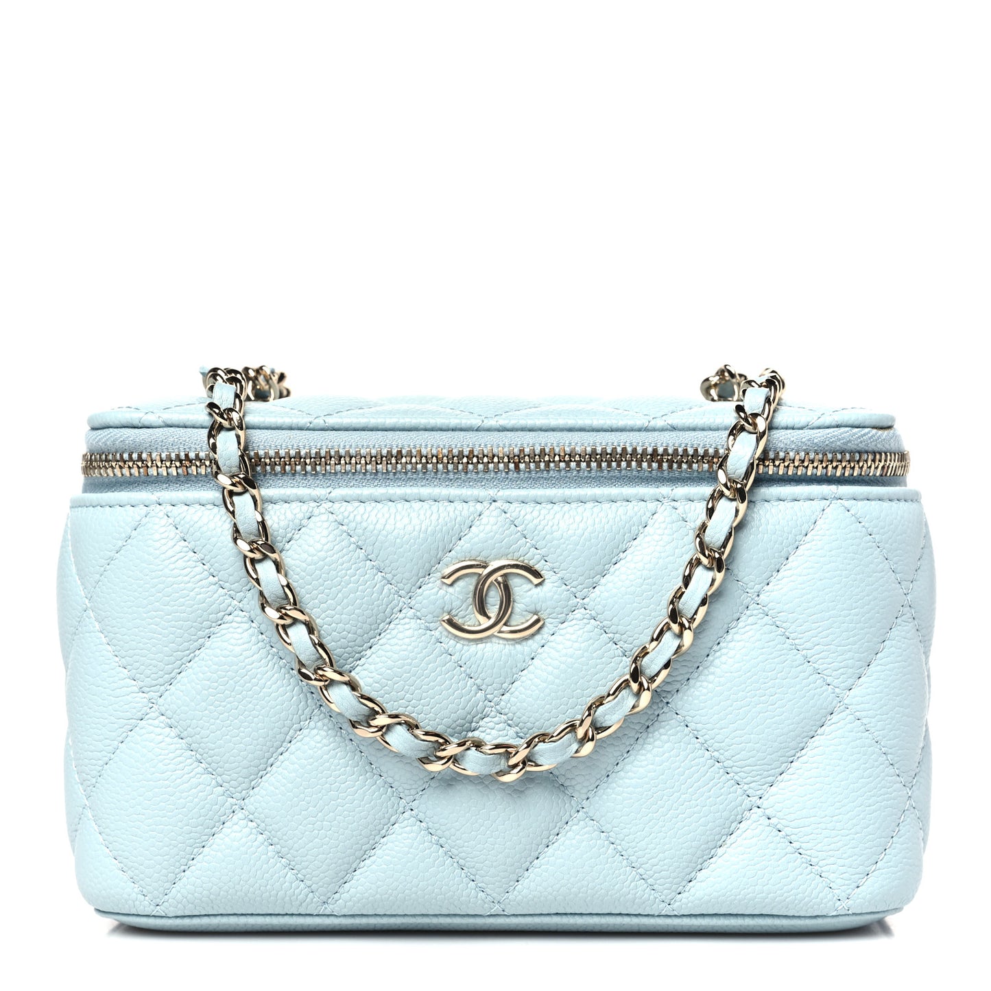 Caviar Quilted Small Tiny CC Vanity Case With Chain Light Blue
