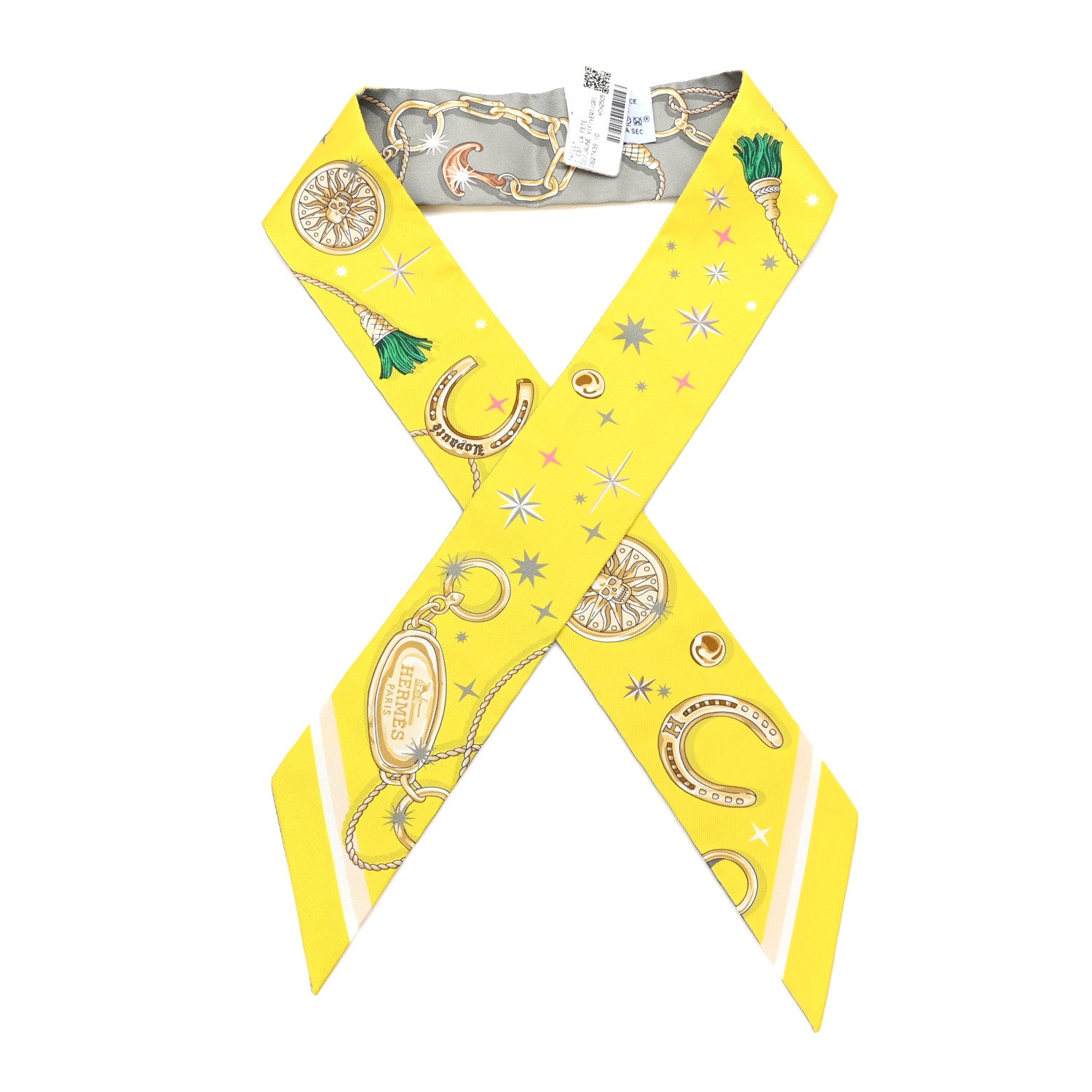 HERMES ツイリー HK-Hermes 100% Silk Yellow Hermes Silk C'est la Fete Twilly Jaune Vif Vert Gris 1867355