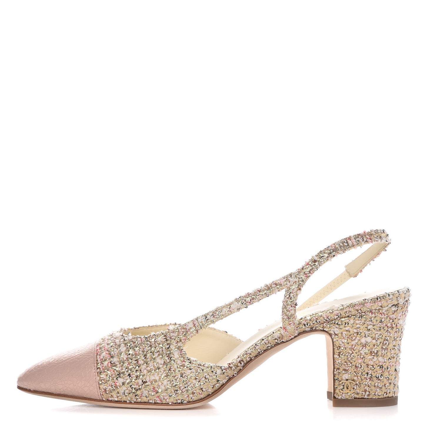 Tweed Patent Cap Toe CC Slingback Pumps 39.5 Pink