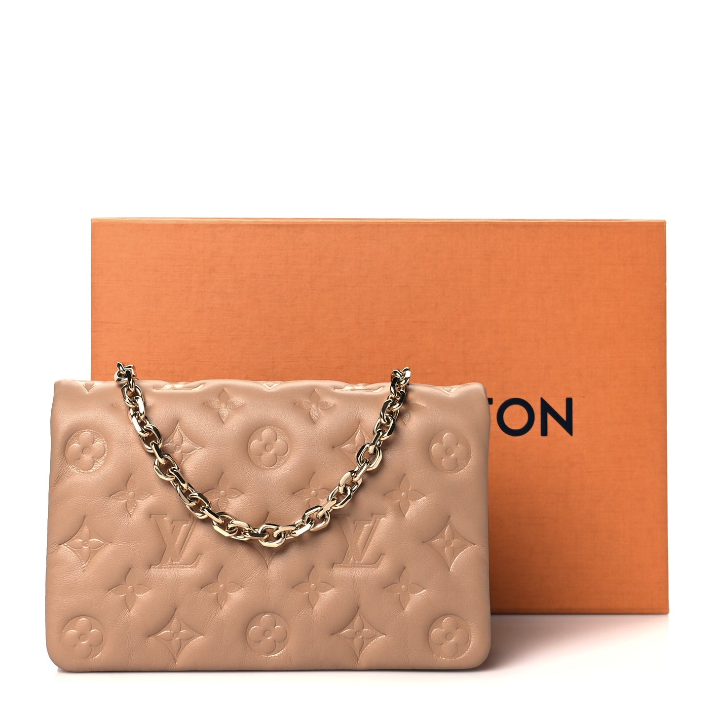 Lambskin Embossed Monogram Pochette Coussin Camel
