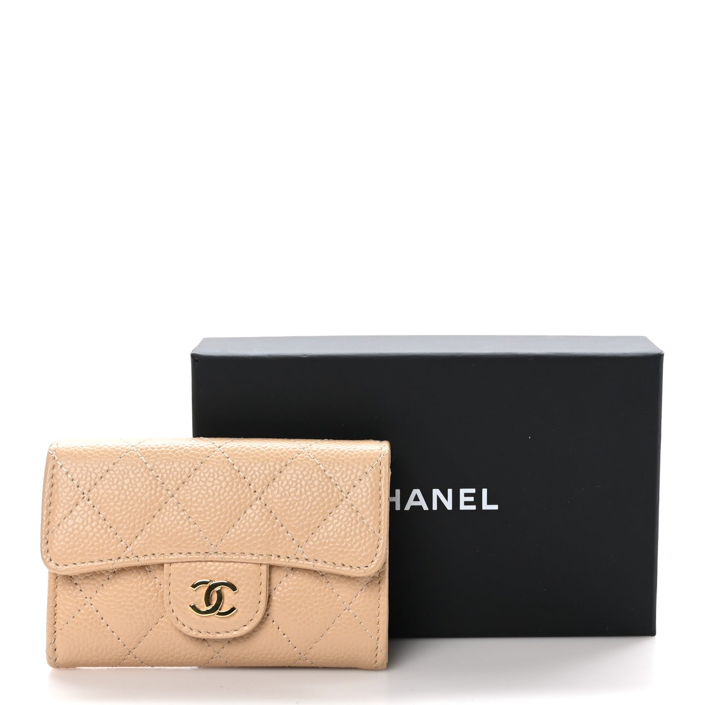 Caviar Quilted Flap Card Holder Wallet Beige