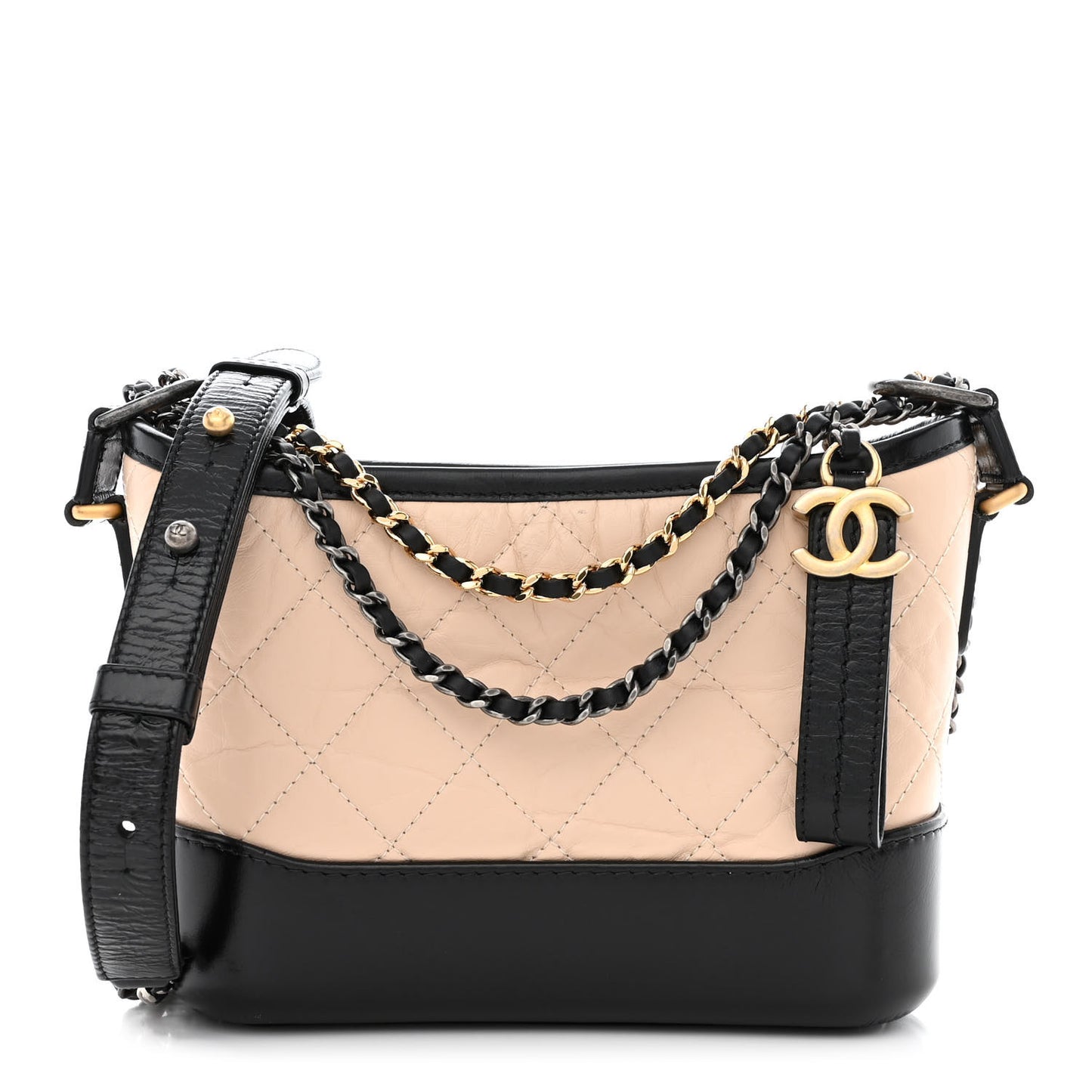 Aged Calfskin Quilted Small Gabrielle Hobo Beige Black