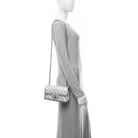 Metallic Lambskin Quilted Mini Rectangular Flap Silver