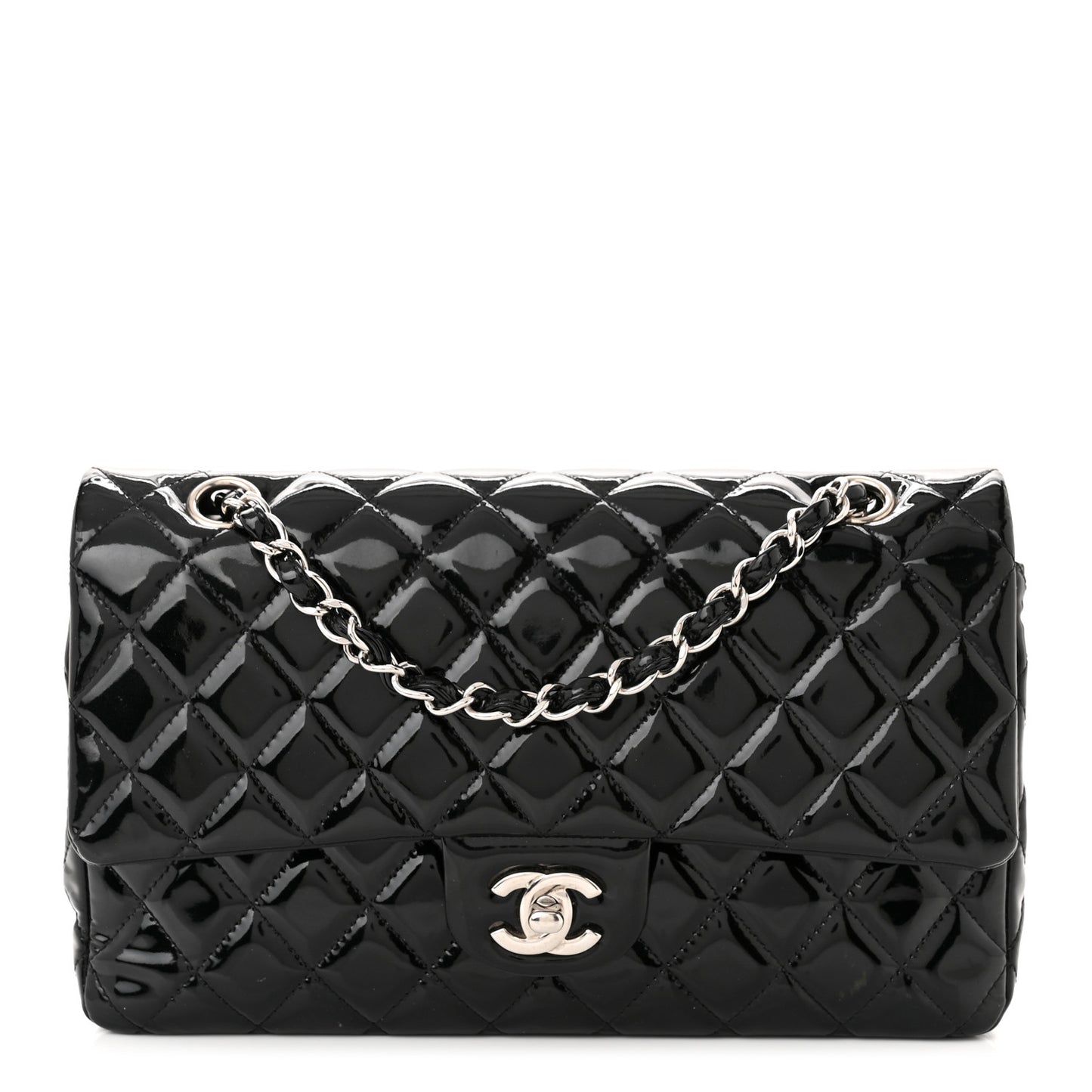 Patent Quilted Medium Double Flap Black
