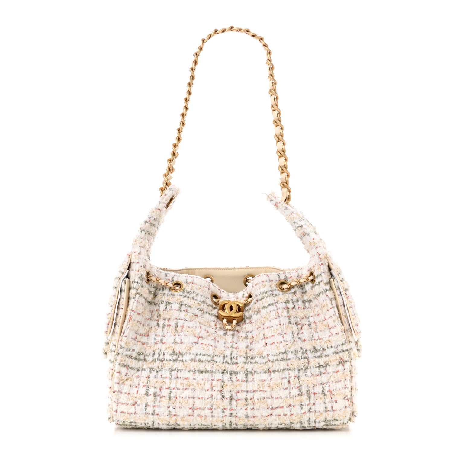 Chanel Tweed Quilted Small Chanel 25 Handbag Ecru Khaki Gold Red