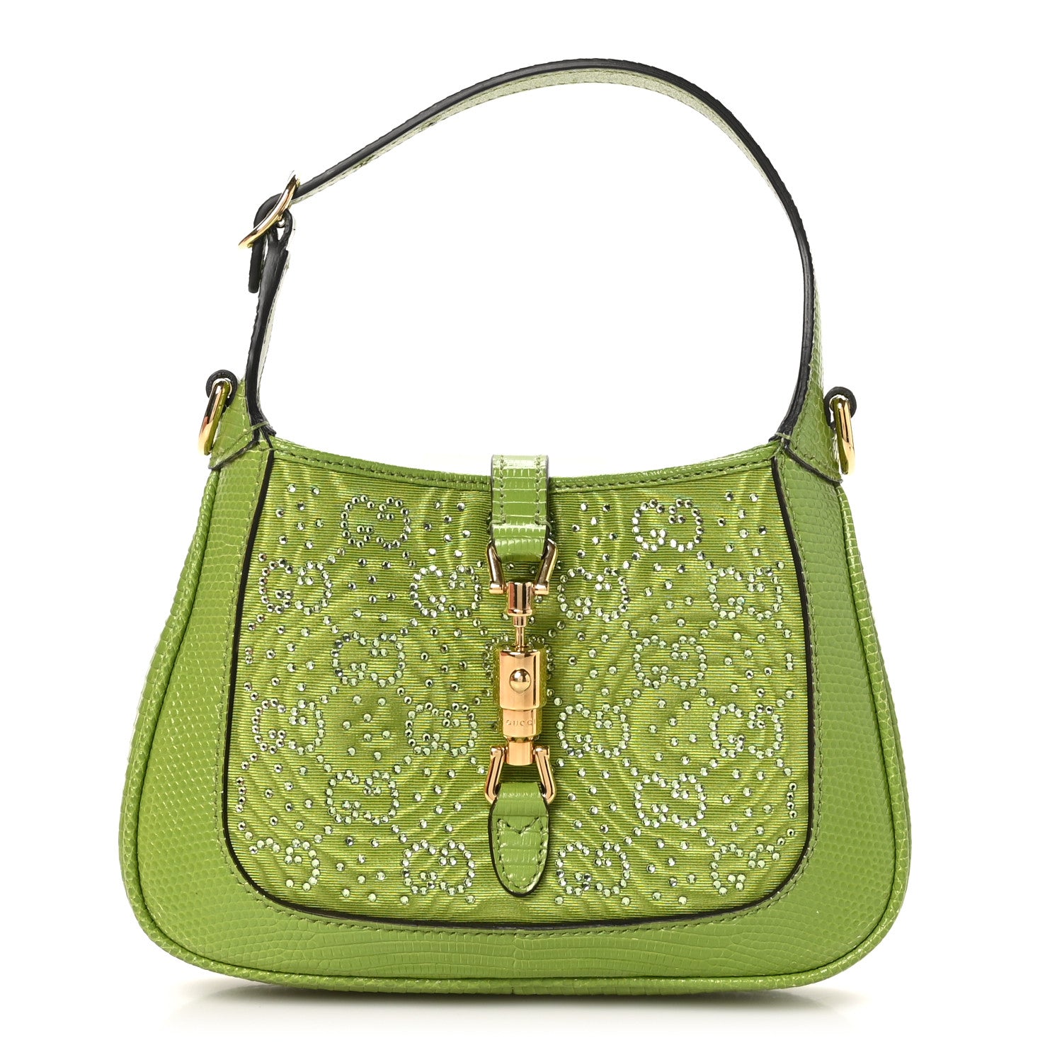 Gucci Canvas Lizard Crystal GG Monogram Mini Jackie 1961 Green