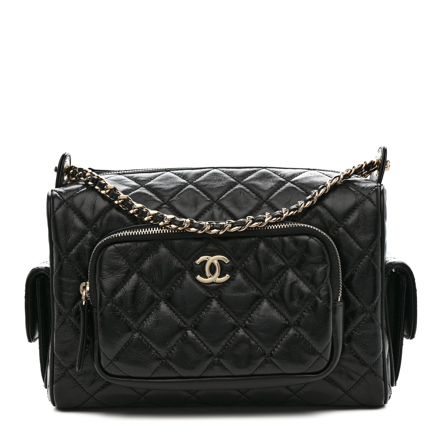 CHANEL 黒 キルティングレザーケース Chanel Shiny Crumpled Lambskin Quilted Medium Preppy Pocket Camera