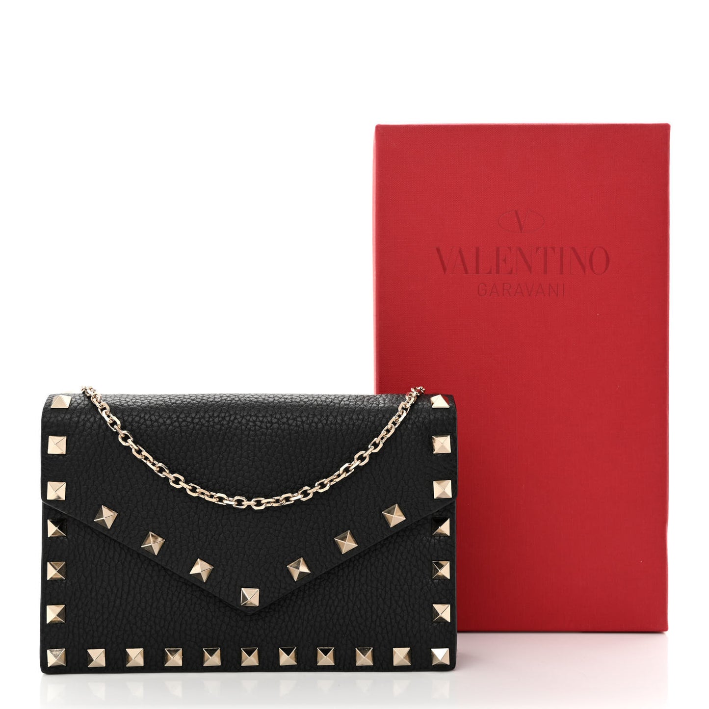 Pebbled Calfskin Rockstud Envelope Wallet on Chain Black