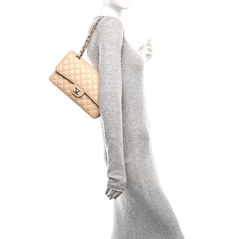 Caviar Quilted Medium Double Flap Beige