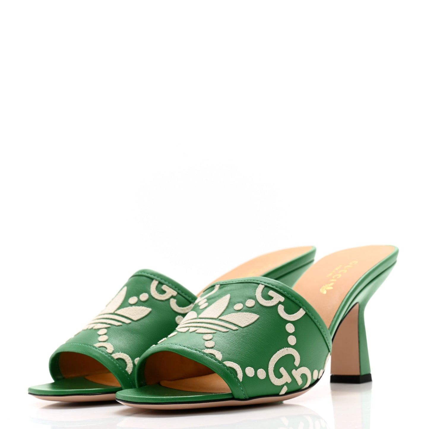 X ADIDAS Nappa Charlotte Suede Monogram Jumbo GG Trefoil 75mm Slide Sandals 37 New Shamarock Ivoire