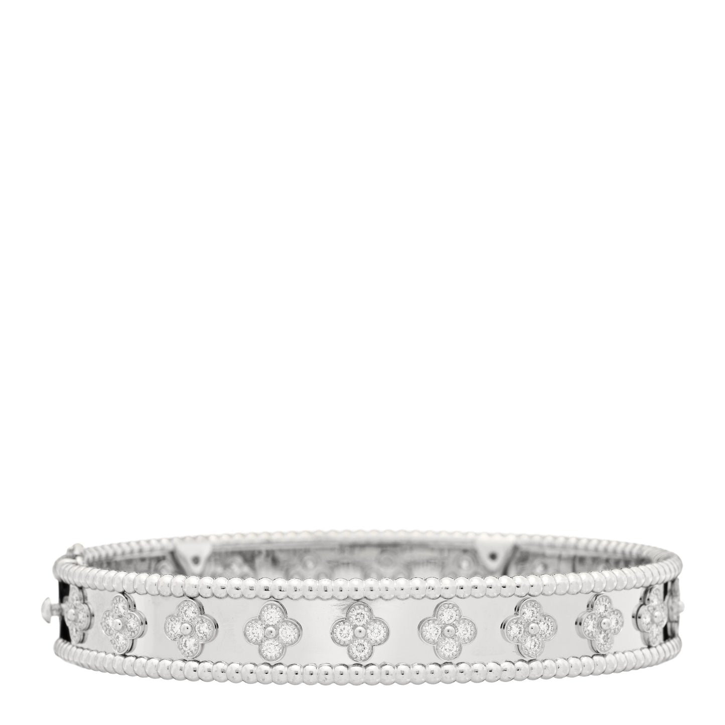 18K White Gold Diamond Perlee Clovers Bangle Bracelet L