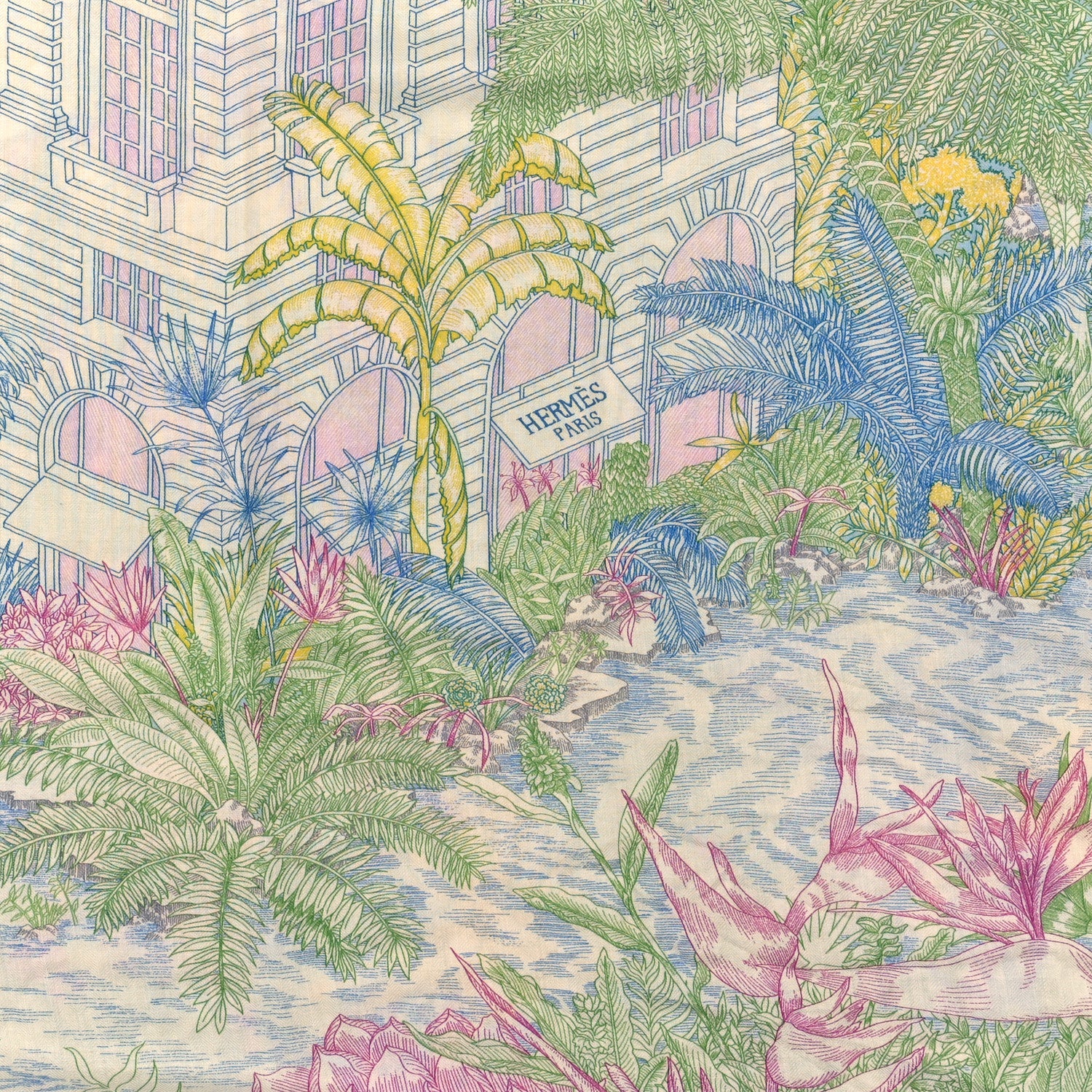 Hermes Cashmere Silk Faubourg Tropical Shawl 140 White Vert Bleu 2 of 3