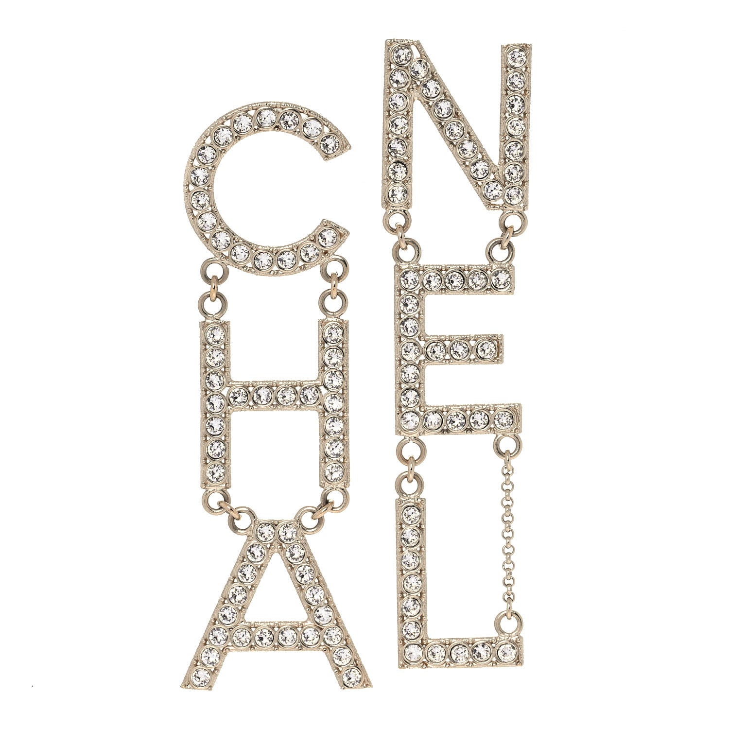 Chanel Crystal Cha-Nel Logo Drop Earrings Gold 1 of 4