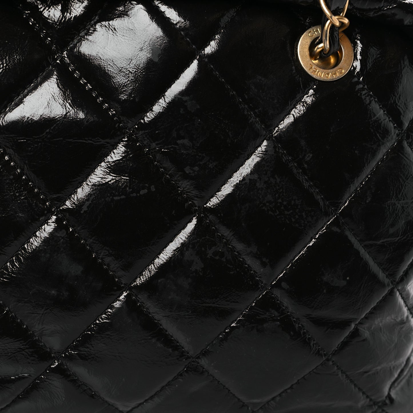 Shiny Crumpled Calfskin Quilted Large Bowling Bag Black