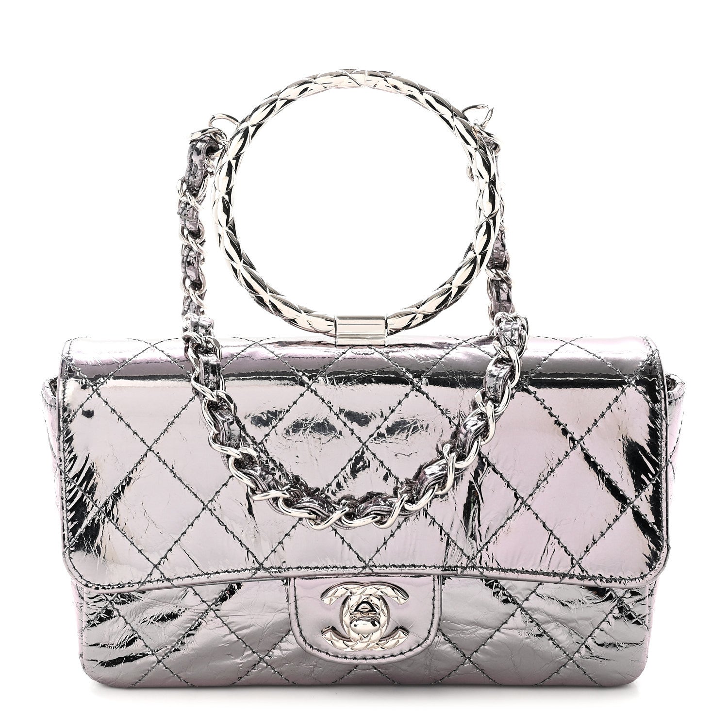 Chanel Crumpled Metallic Calfskin Quilted Ring Handle Mini Flap