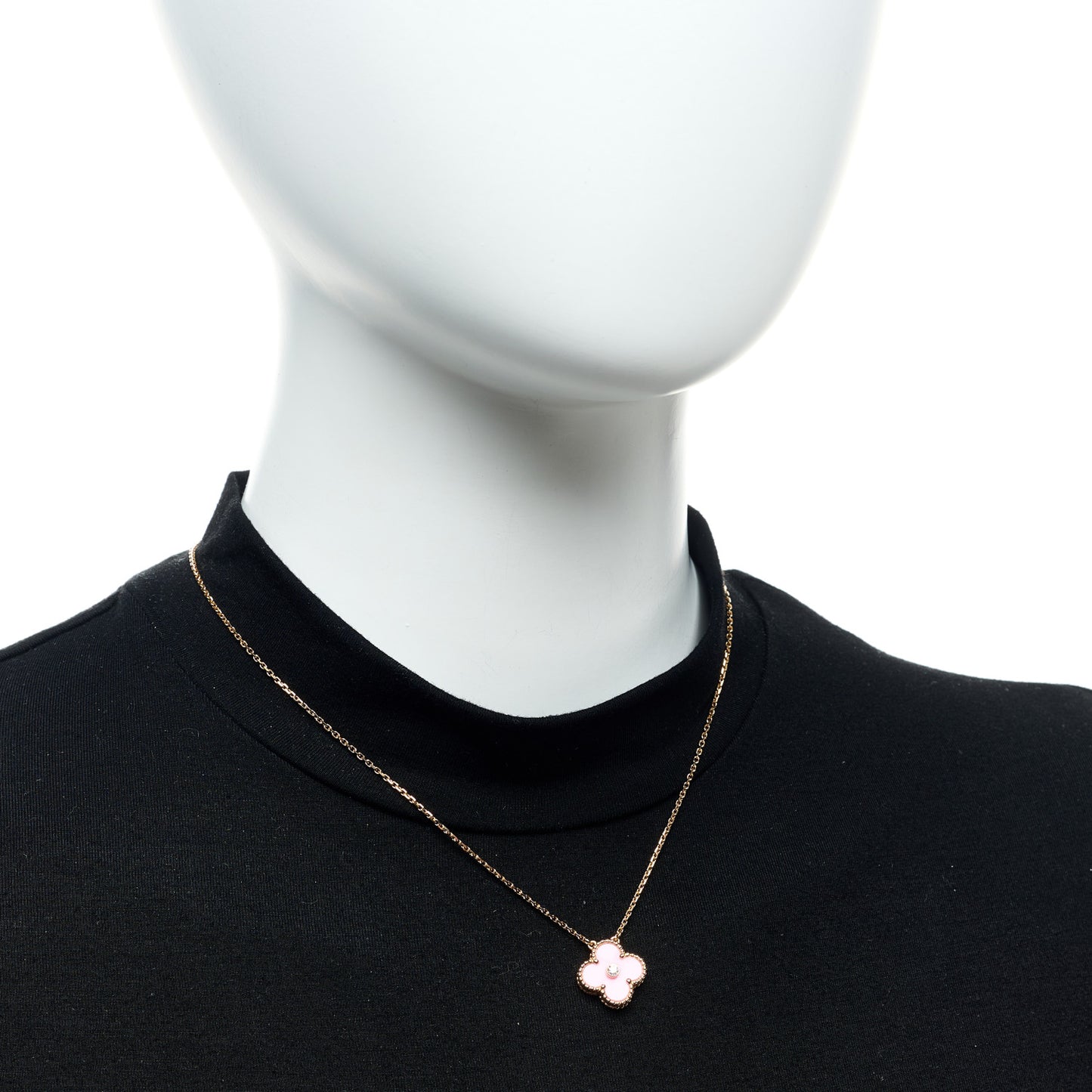 18K Rose Gold Diamond Pink Porcelain Vintage Alhambra Pendant Necklace