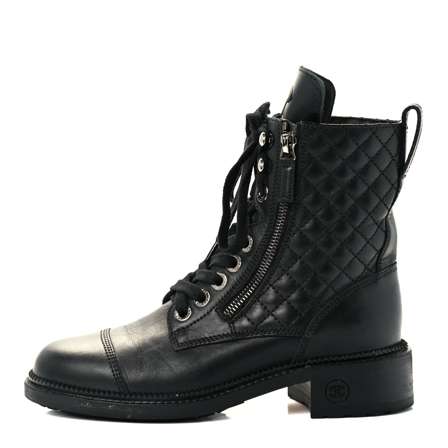 Chanel Calfskin Quilted Lace Up Combat Boots 36.5 Black 1 of 10