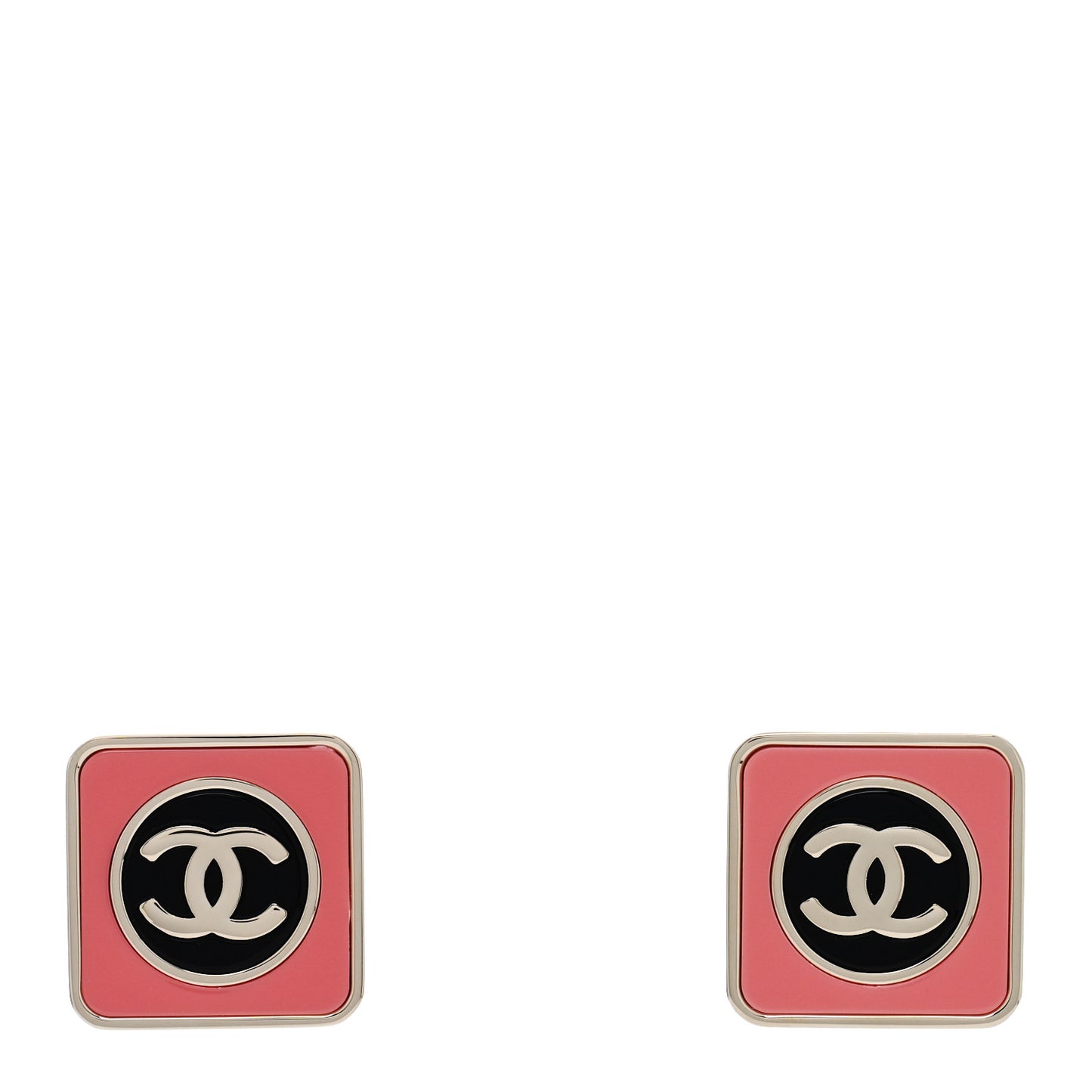 Metal Enamel CC Square Earrings Gold Pink Black