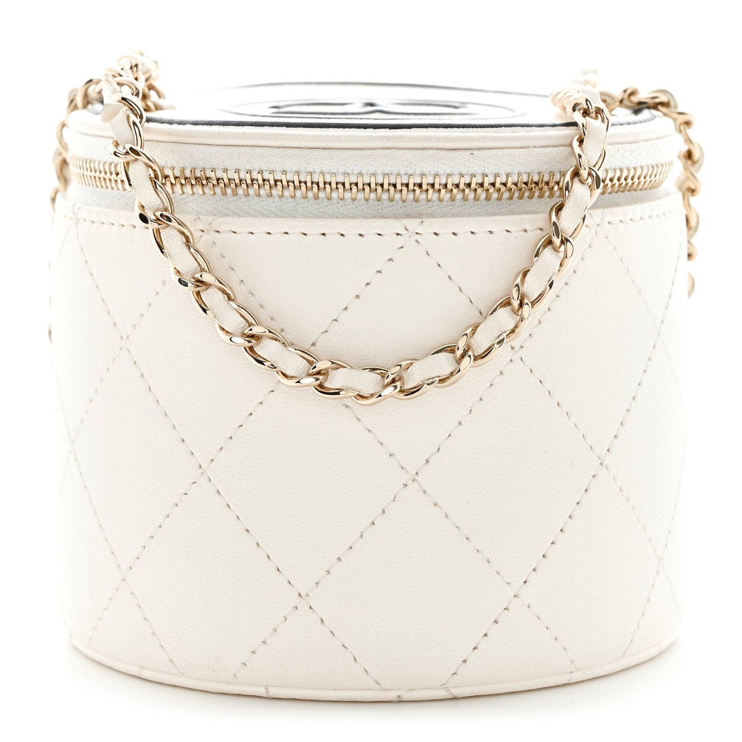 Lambskin Quilted Round Small Vanity Case With Chain White Black
