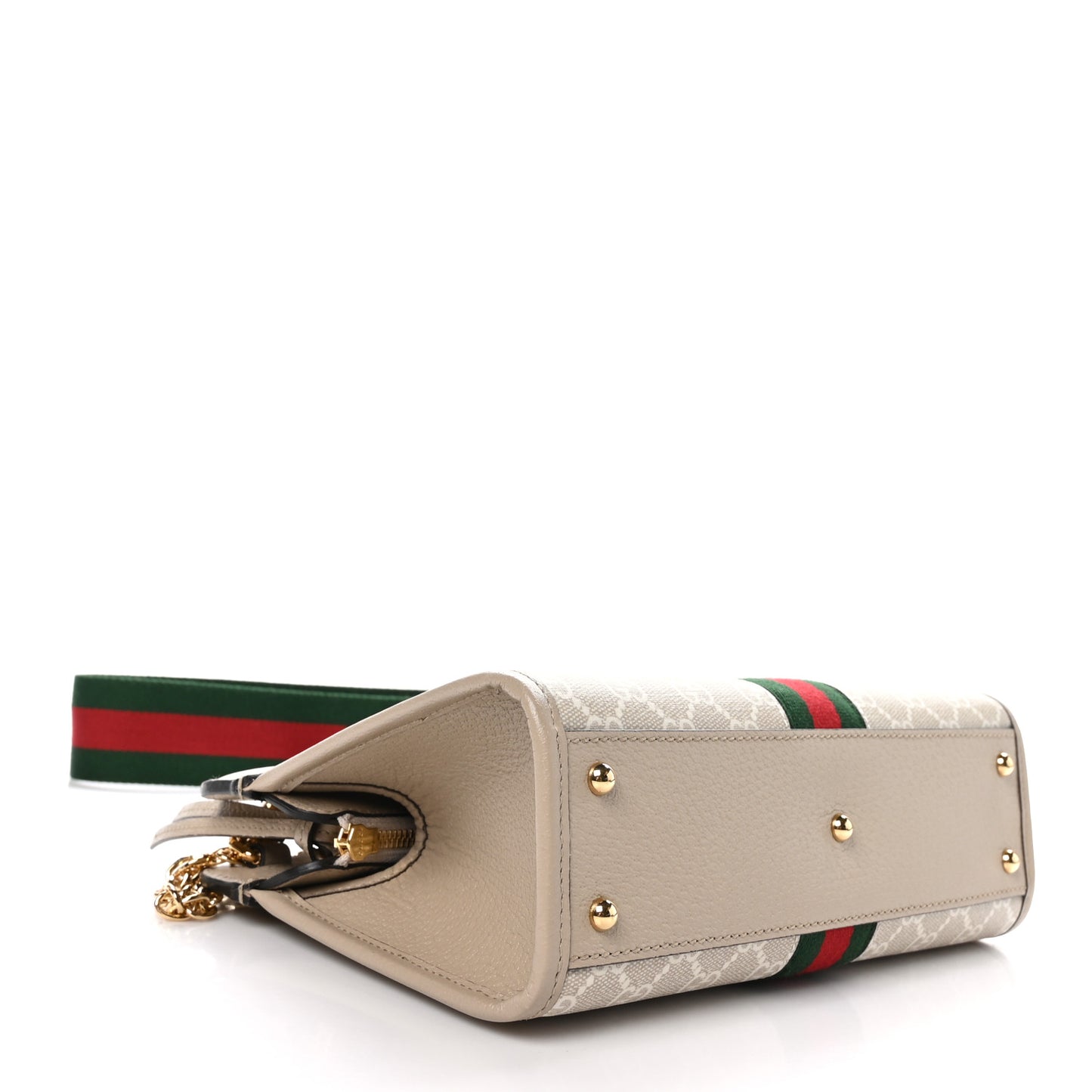 GG Supreme Monogram Textured Dollar Calfskin Web Small Ophidia Slip Handle Tote Beige Mystic White Oatmeal