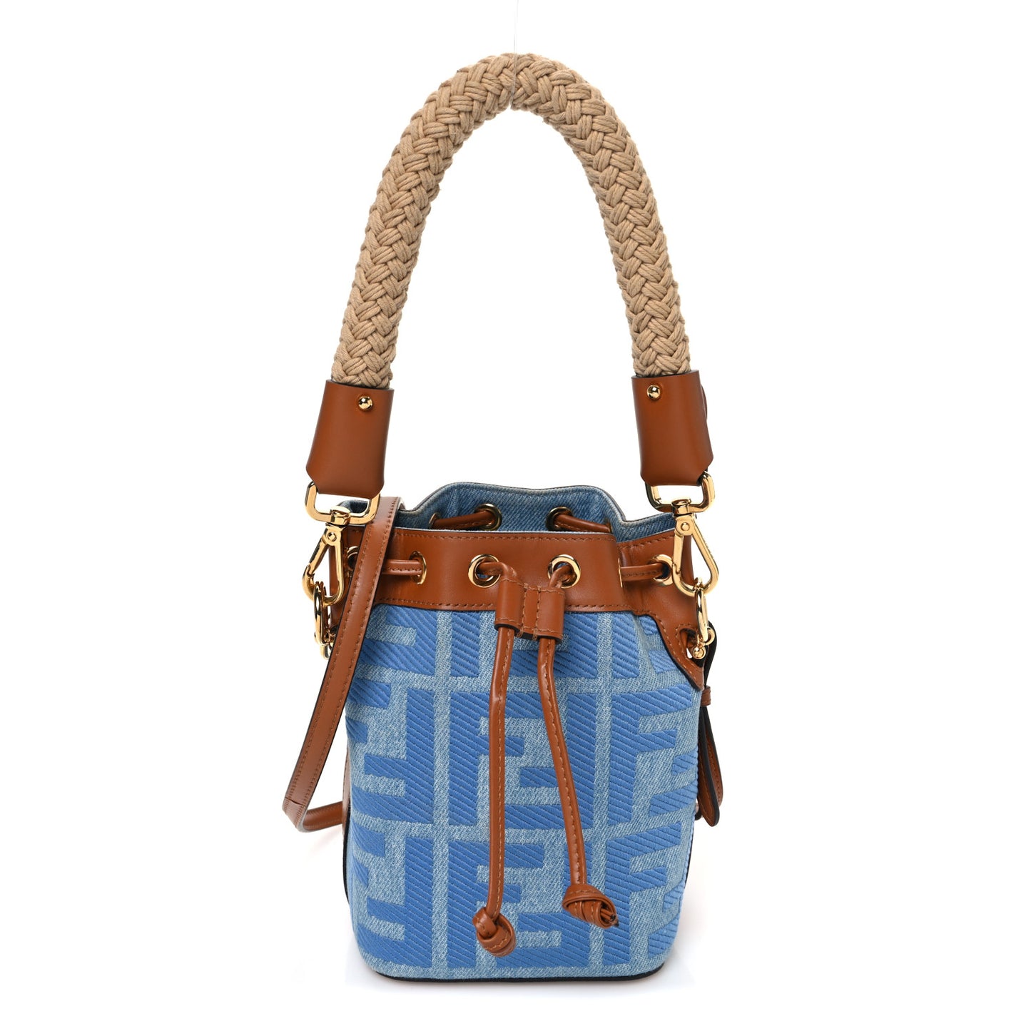 Denim Vitello King F is Fendi FF Embroidered Mini Mon Tresor Bucket Bag Denim Chiaro Brandy