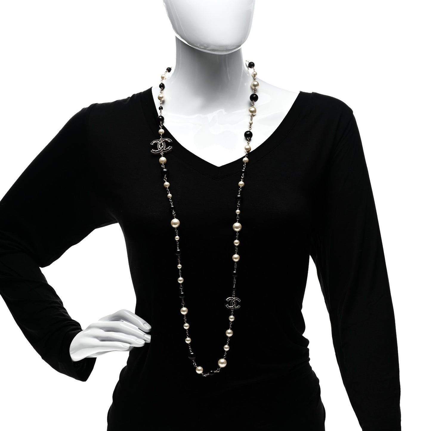 Pearl Beaded Crystal CC Long Necklace Gold Black White