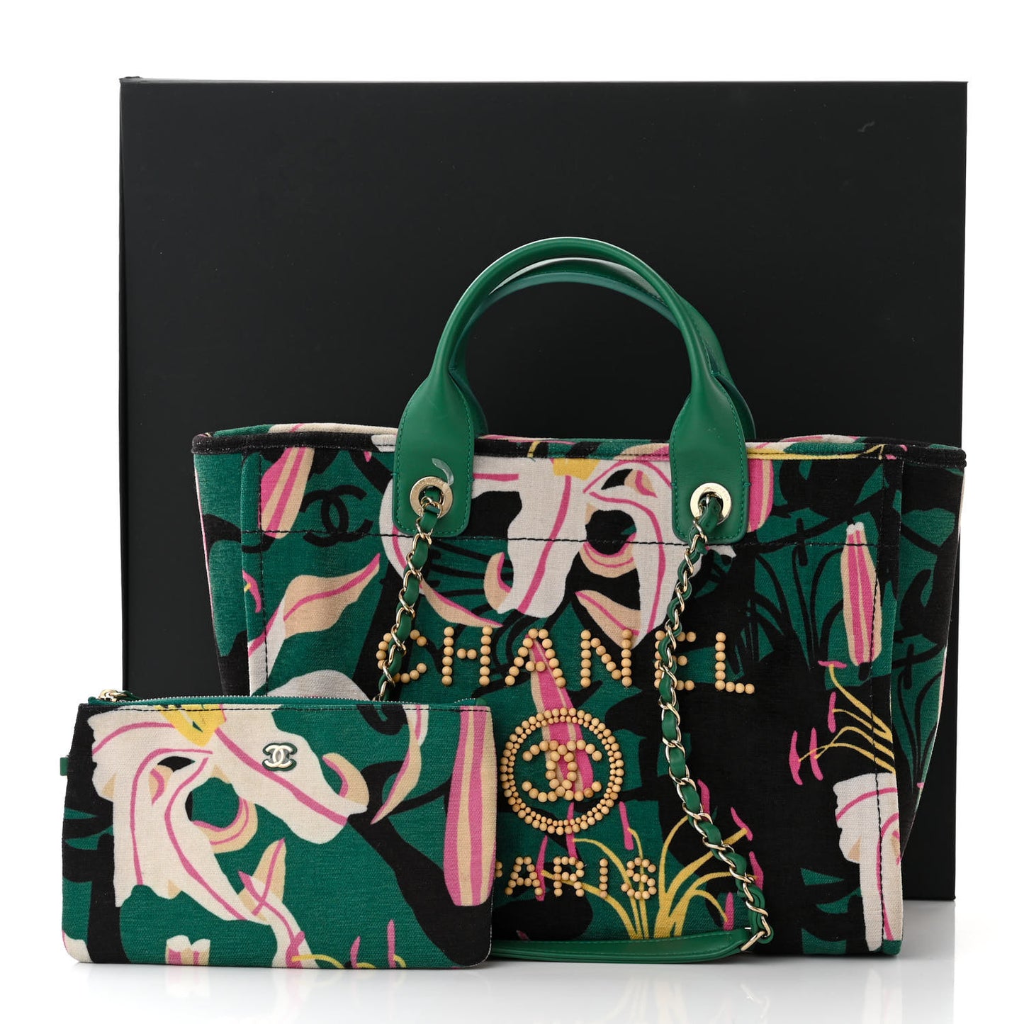 Velvet Calfskin Beaded Small Deauville Tote Pink Green Black