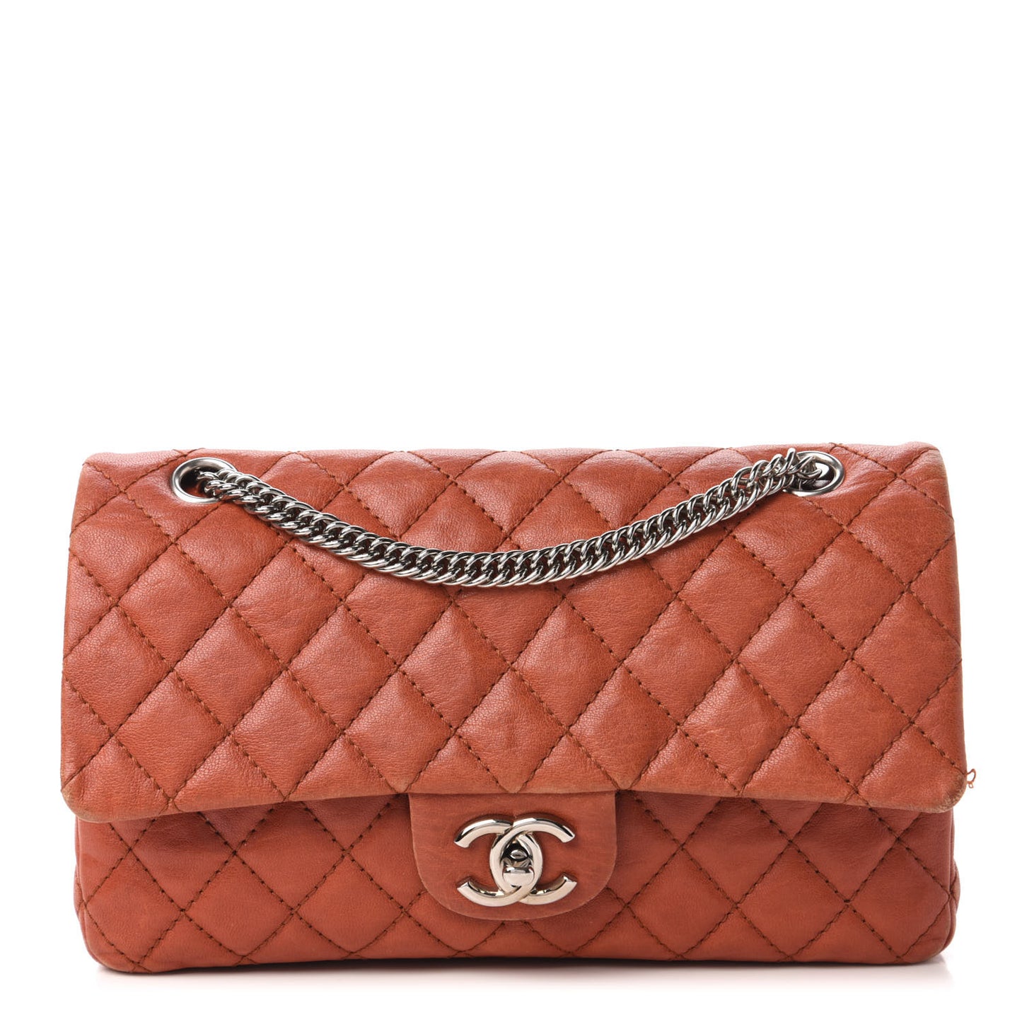 Glazed Lambskin Quilted Medium Double Flap Bijoux Chain Dark Orange